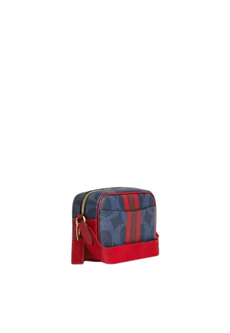 ( PREORDER ) Coach Mini Jamie In Signature Canvas With Varsity Stripe Camera Bag In Denim Bold Red CBM36