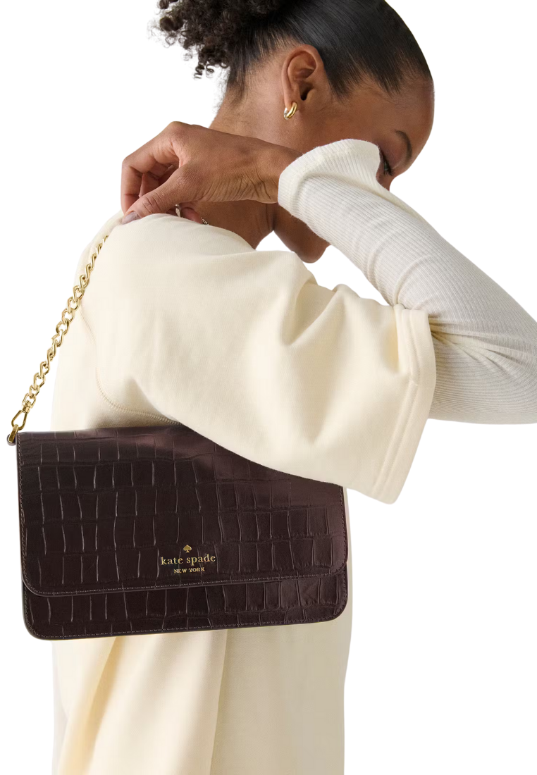 ( PREORDER ) Kate Spade Madison Croc Embossed Willow Medium Convertible Crossbody Bag In Hot Fudge KN236
