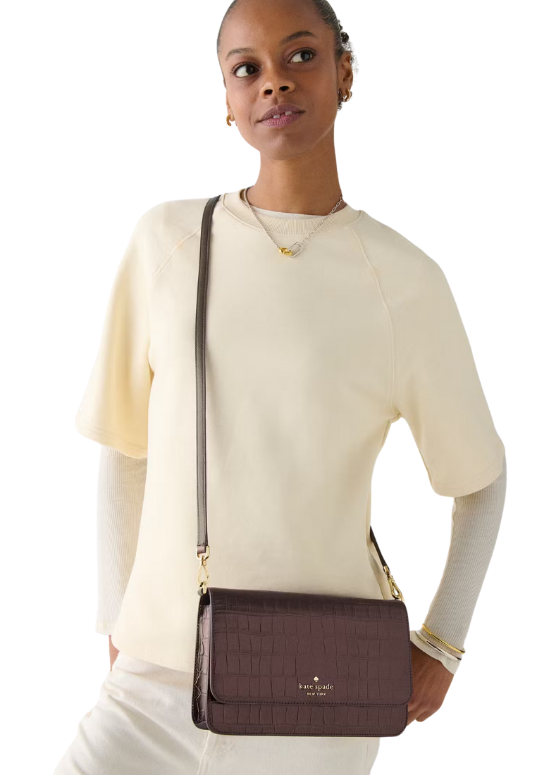 ( PREORDER ) Kate Spade Madison Croc Embossed Willow Medium Convertible Crossbody Bag In Hot Fudge KN236