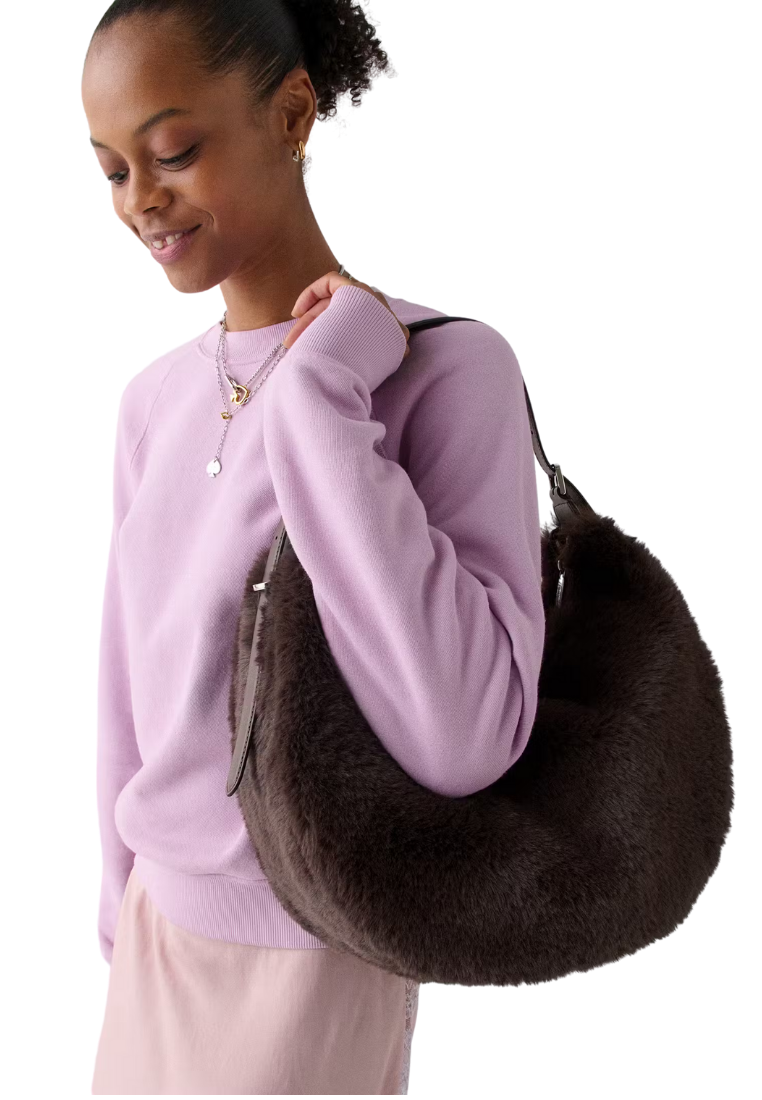 ( PREORDER ) Kate Spade Nova Faux Fur Large Crescent Shoulder Bag In Hot Fudge KM685