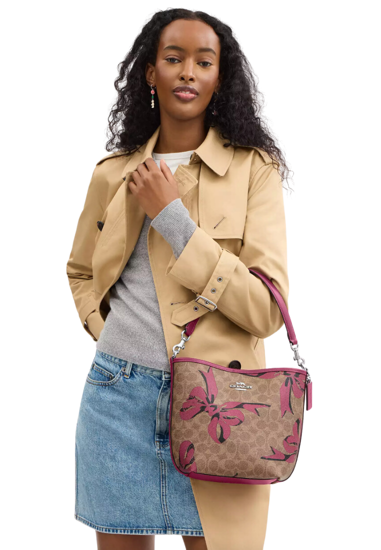 Coach City Bucket Bag With Bow Print In Tan Pink Multi CY651