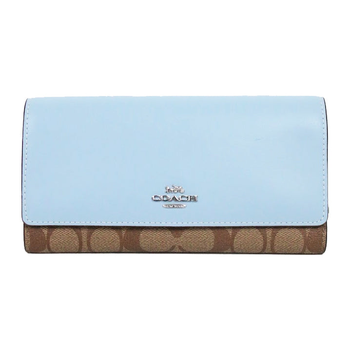 ( AS IS ) Coach Signature Slim C5966 Trifold Wallet In Khaki Powder Blue