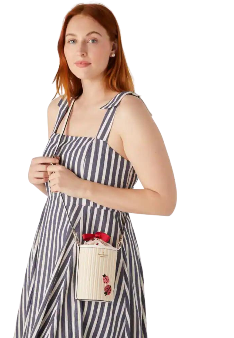 Kate Spade Dottie Embroidered Straw Ladybug Crossbody Bag Cylinder In Natural Multi KA777