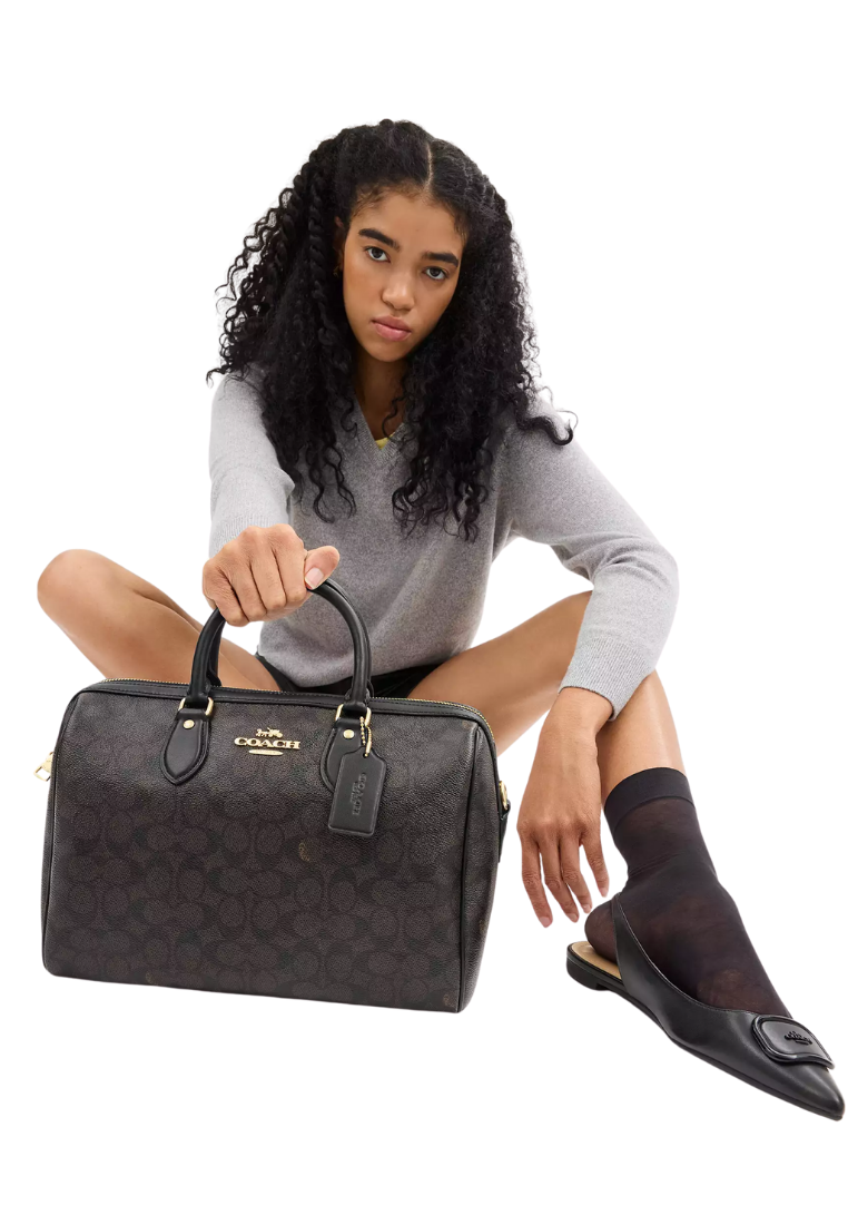 ( PREORDER ) Coach Rowan Large In Signature Canvas Satchel Bag In Gold Walnut Black CV959