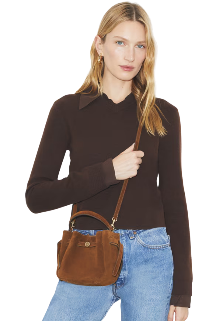 ( PREORDER ) Tory Burch Mini Romy Suede Bucket Bag In Caramel 181566