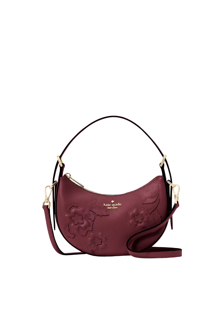 ( PREORDER ) Kate Spade Nova Floral Applique Crescent Shoulder Bag In Dark Merlot KL938