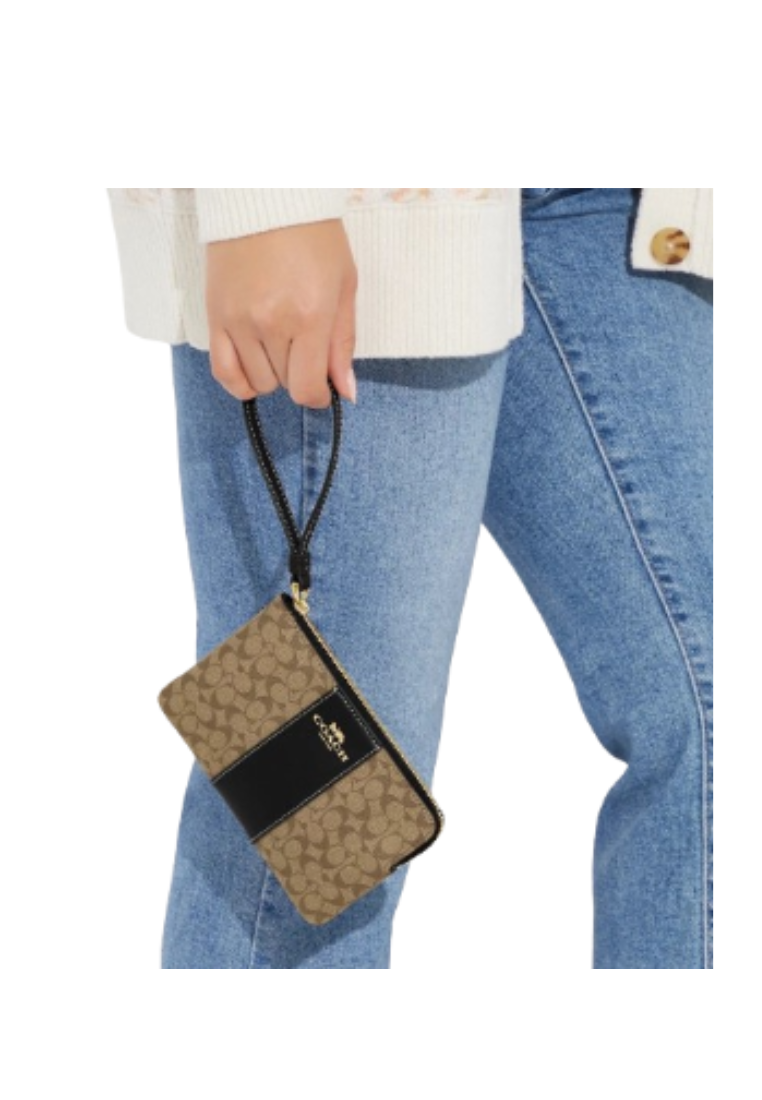 Coach Corner Zip Wristlet Micro Signature Canvas In Khaki Black CJ792