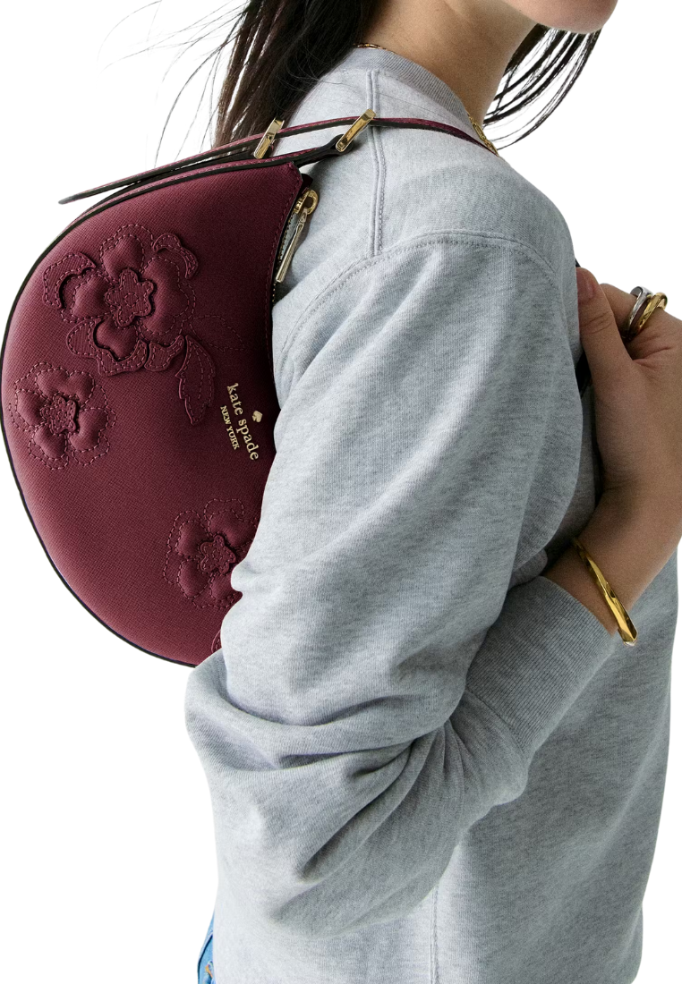 ( PREORDER ) Kate Spade Nova Floral Applique Crescent Shoulder Bag In Dark Merlot KL938