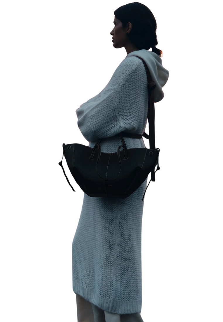 ( PREORDER ) Polene Cyme Mini Shoulder Bag In Textured Black With Ecru Stitching