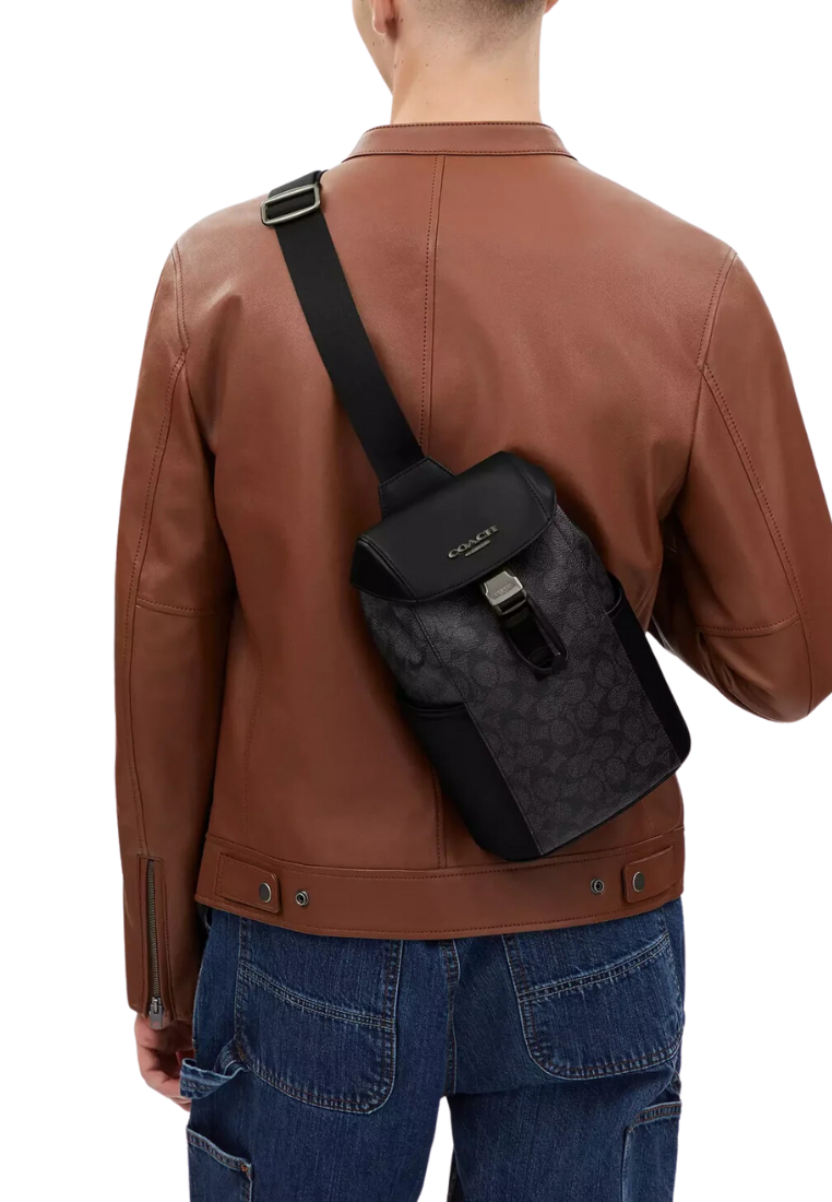 Coach Racer Pack Bag Signature In Charcoal Black CT712