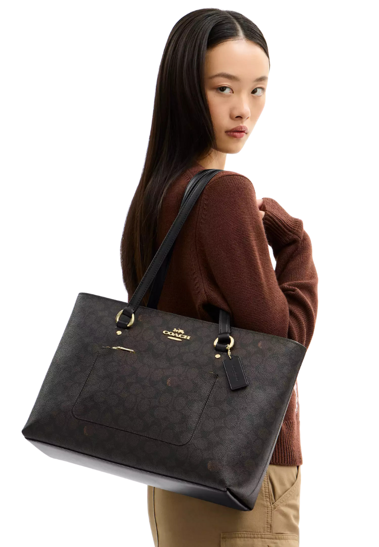 ( PREORDER ) Coach Station In Signature Canvas Tote Bag In Walnut Black CCD69