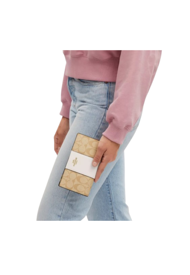 Coach Slim Zip Wallet In Signature Canvas With Stripe In Chalk Light Saddle CR928