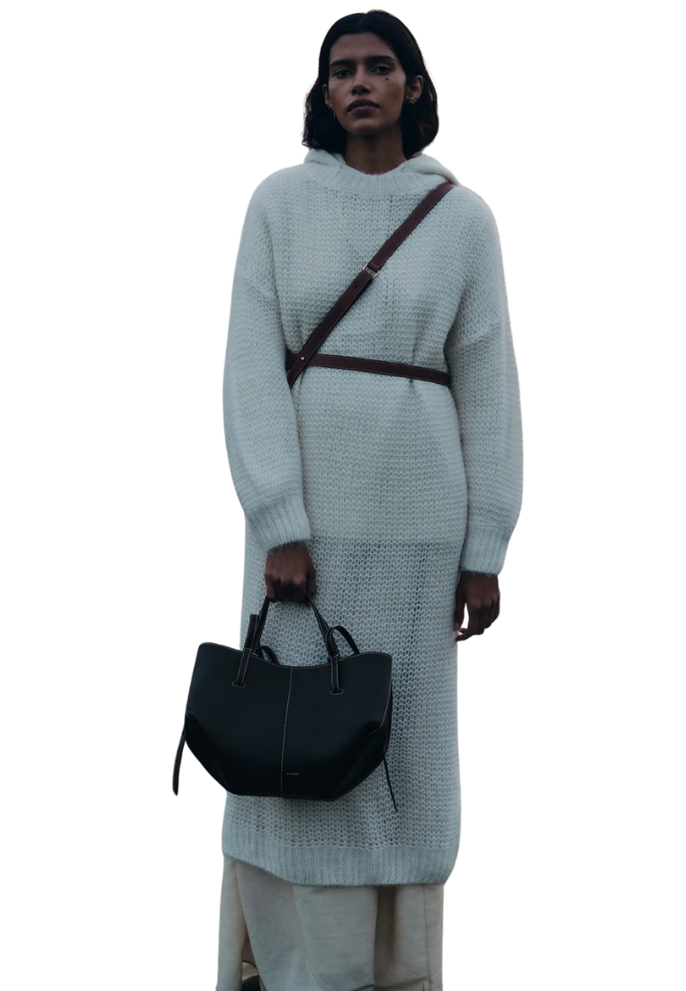 ( PREORDER ) Polene Cyme Mini Shoulder Bag In Textured Black With Ecru Stitching