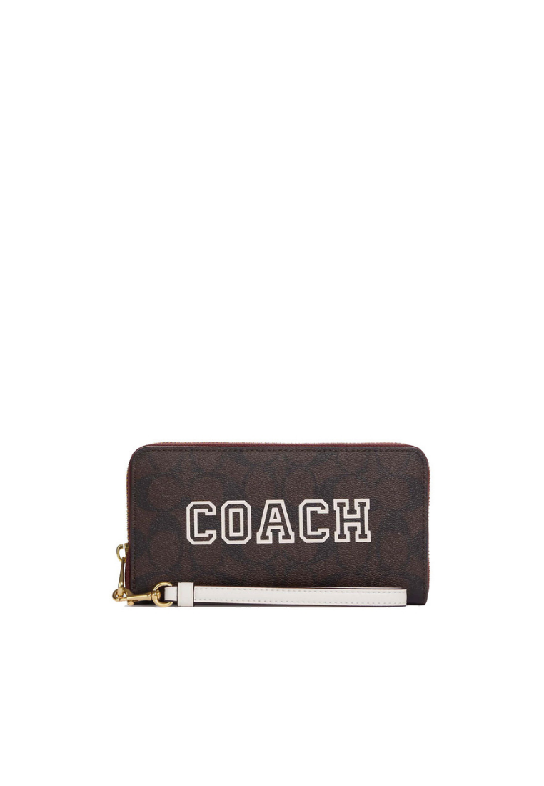 Coach Long Zip Around Wallet Signature Canvas With Varsity Motif In Brown Chalk Multi CB856
