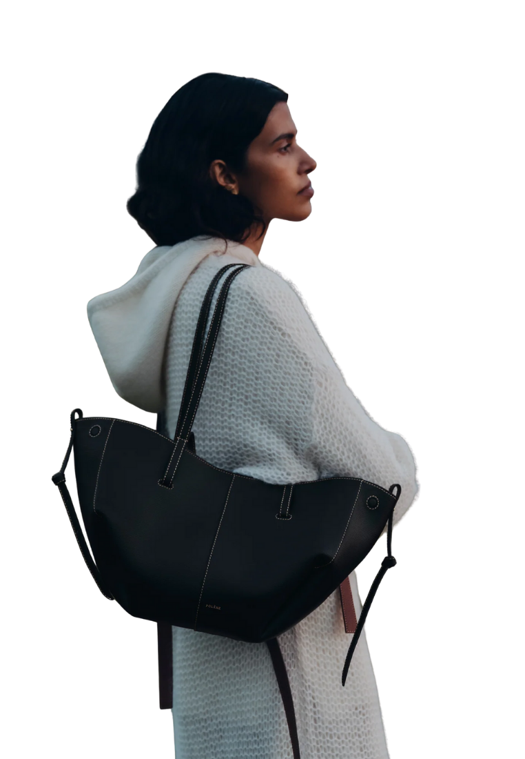 ( PREORDER ) Polene Cyme Mini Shoulder Bag In Textured Black With Ecru Stitching