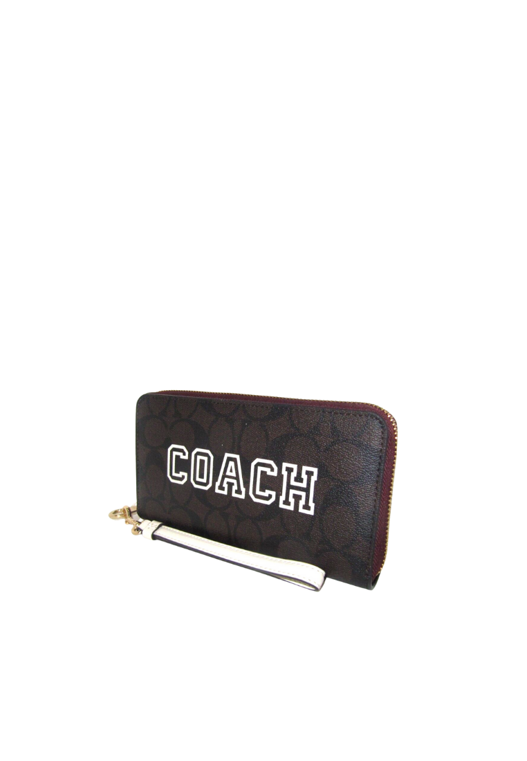 Coach Long Zip Around Wallet Signature Canvas With Varsity Motif In Brown Chalk Multi CB856