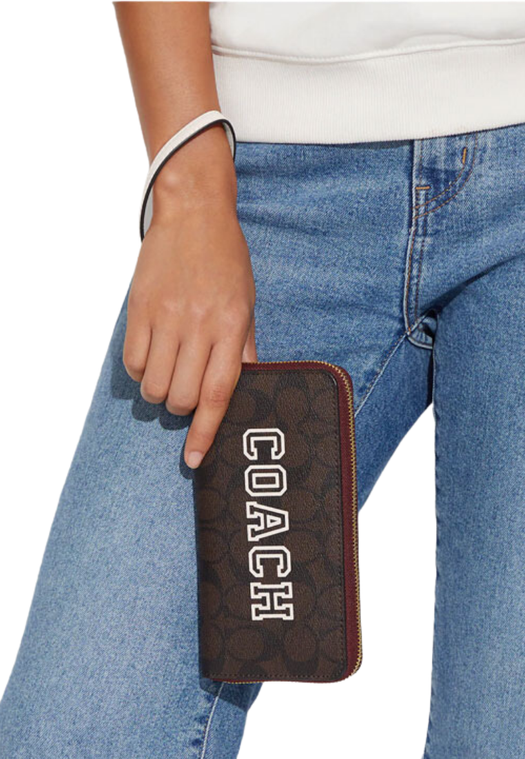 Coach Long Zip Around Wallet Signature Canvas With Varsity Motif In Brown Chalk Multi CB856