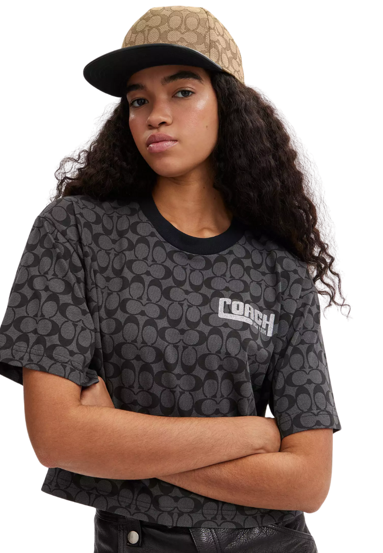 ( PREORDER ) Coach Signature Jacquard Flat Brim Hat In Khaki Black CW764
