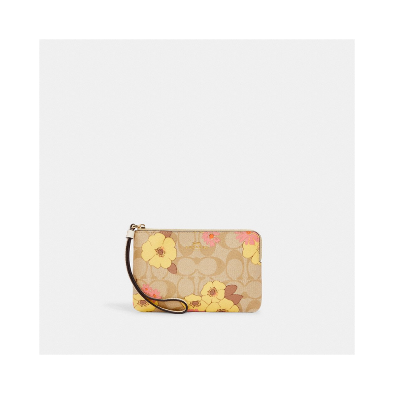 Coach Corner Zip CI856 Wristlet In Signature Canvas With Floral Cluster Print In Light Khaki Multi