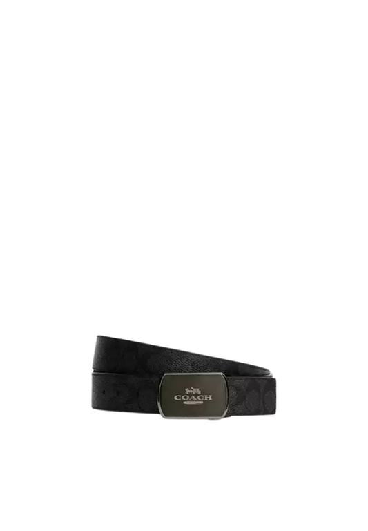 ( PREORDER ) Coach Plaque Buckle Cut To Size Reversible Belt In Gunmetal Charcoal Black CY934