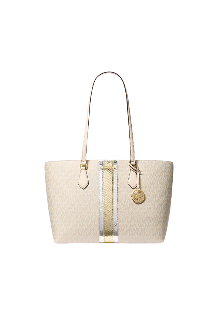 Michael Kors Sheila Large Signature Logo and Metallic Tote Bag In Pale Gold 35F4G6HT9V