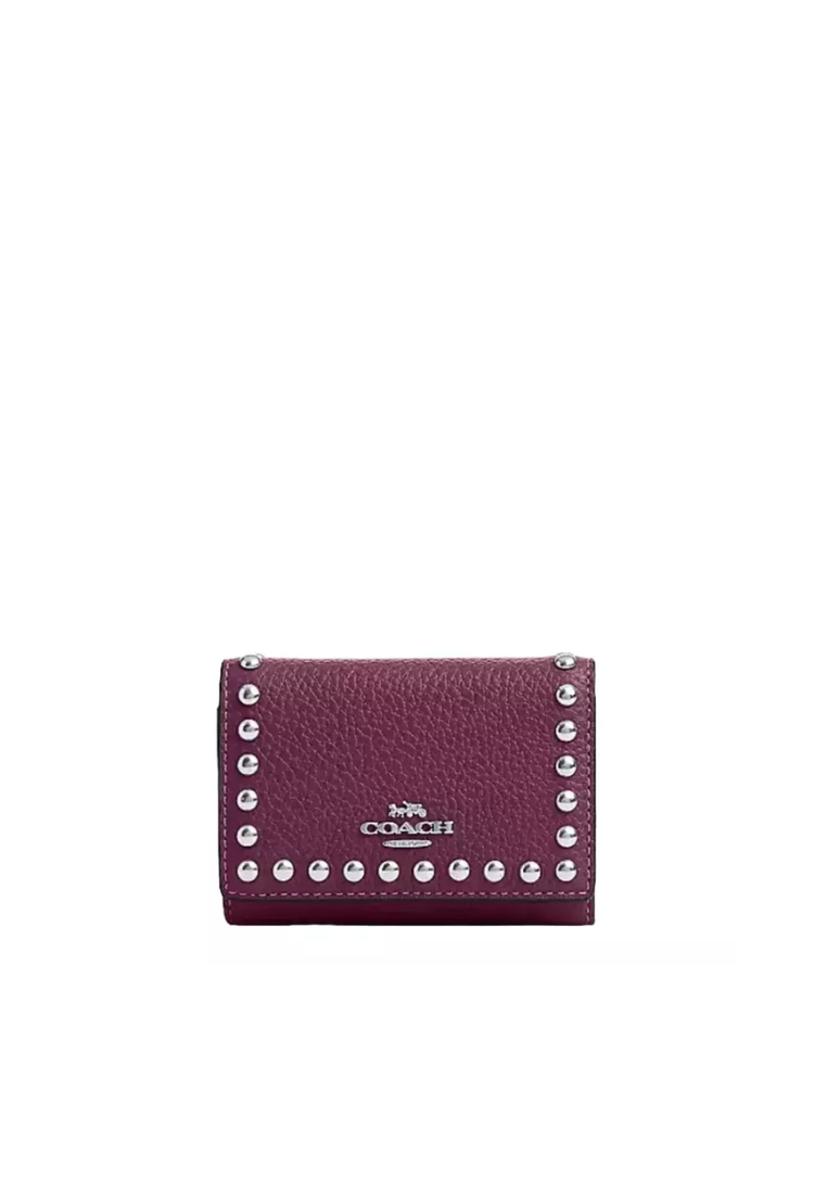 ( AS IS ) Coach Micro Wallet With Rivets In Deep Berry CM247