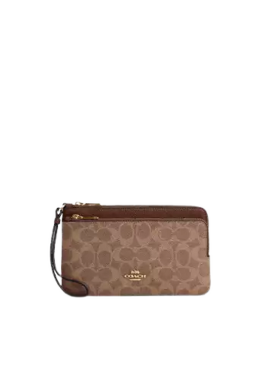 Coach Double Zip Signature Canvas Wallet In Tan Brown CX161