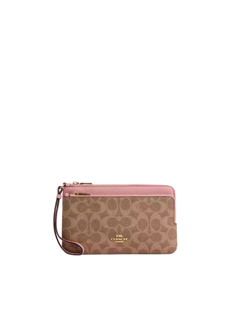 Coach Double Zip Wristlet Signature Canvas In Tan Pink Petal CX161 Fashrevo
