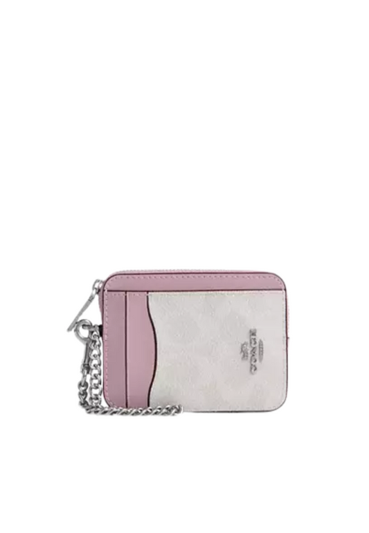 Coach Zip Signature Canvas Card Case In Chalk Carnation CW883