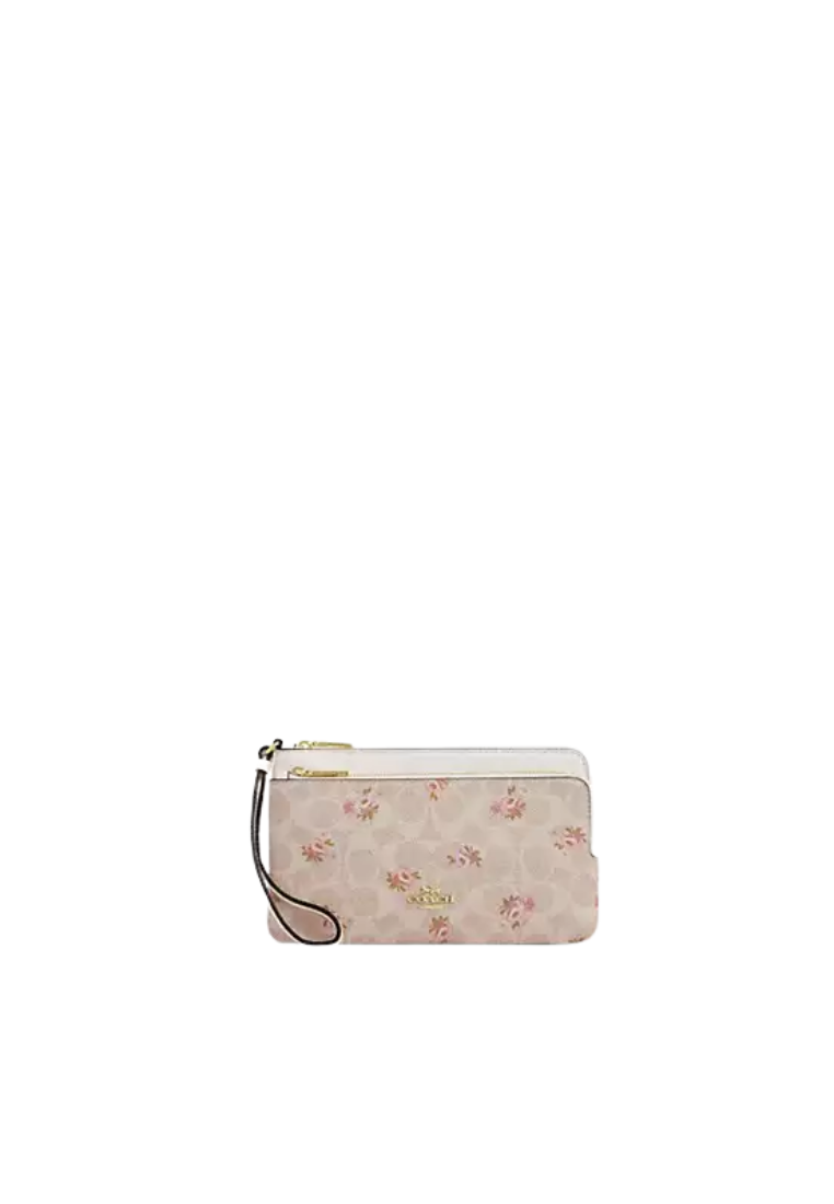 Coach Double Zip Wallet Signature Canvas With Floral Print In Sand
