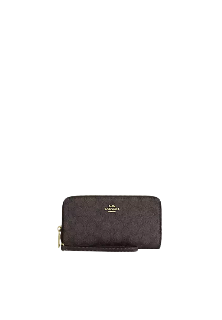 Coach Long Zip Around Wallet With Detachable Card Case In Signature Canvas In Walnut Black Cbz99