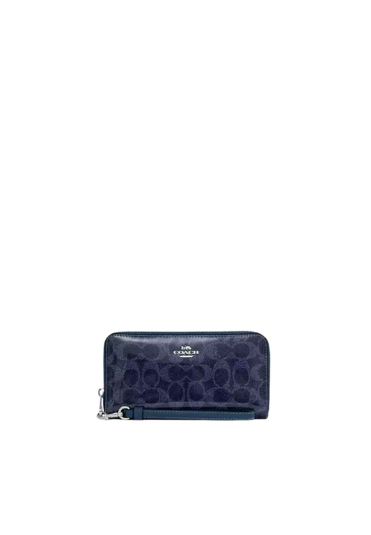 Coach Long Zip Wallet Signature Canvas In Dark Denim Cao78