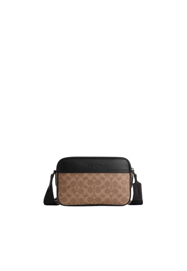 ( AS IS ) Coach Graham Crossbody Bag Signature Canvas In Tan Black CV921