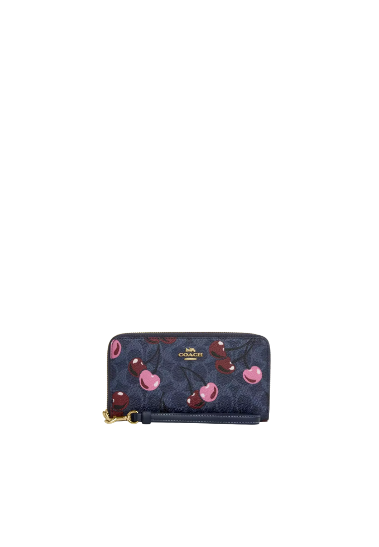 Coach Long Zip Around Wallet In Signature Canvas With Cherry Print In Denim Multi CZ328
