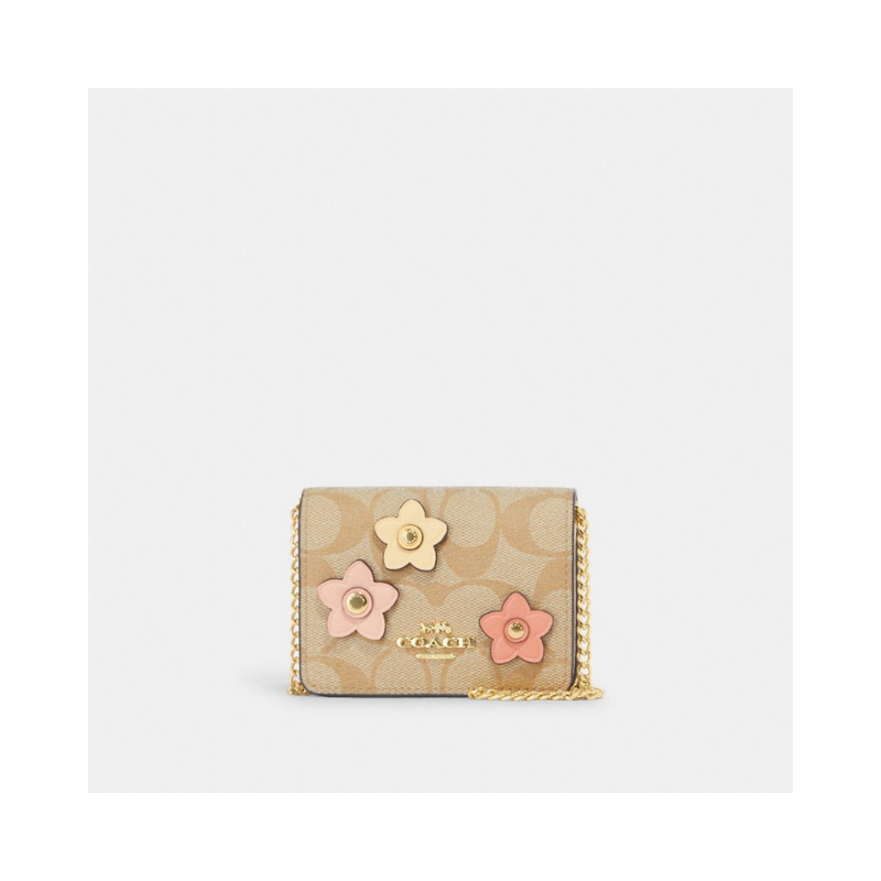Coach Mini Wallet Chain CH620 Signature Canvas With Floral Applique In Light Khaki Multi