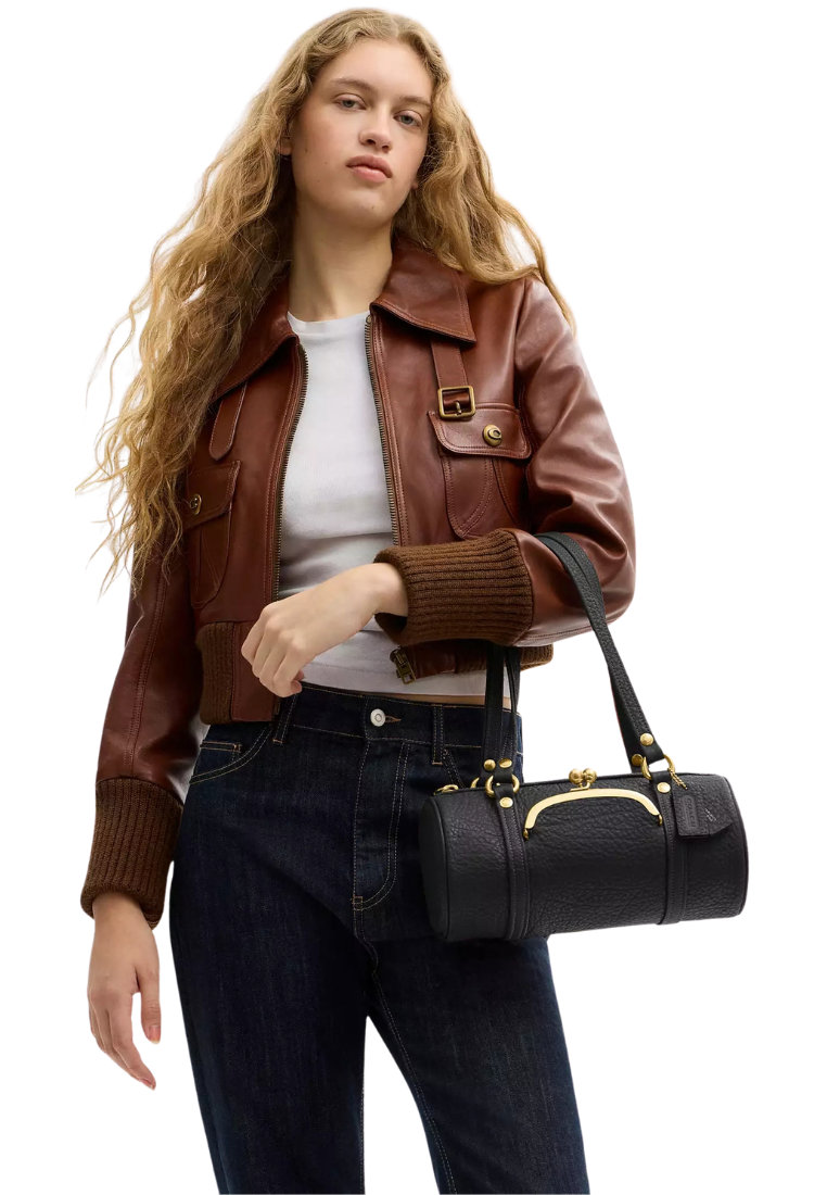 ( PREORDER ) Coach Kisslock Barrel 28 Shoulder Bag In Brass Black CEM05