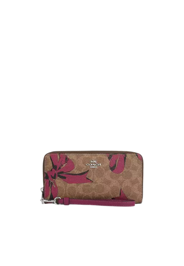 Coach Long Zip Around Wallet Signature Canvas With Bow Print In Pink Multi CZ326