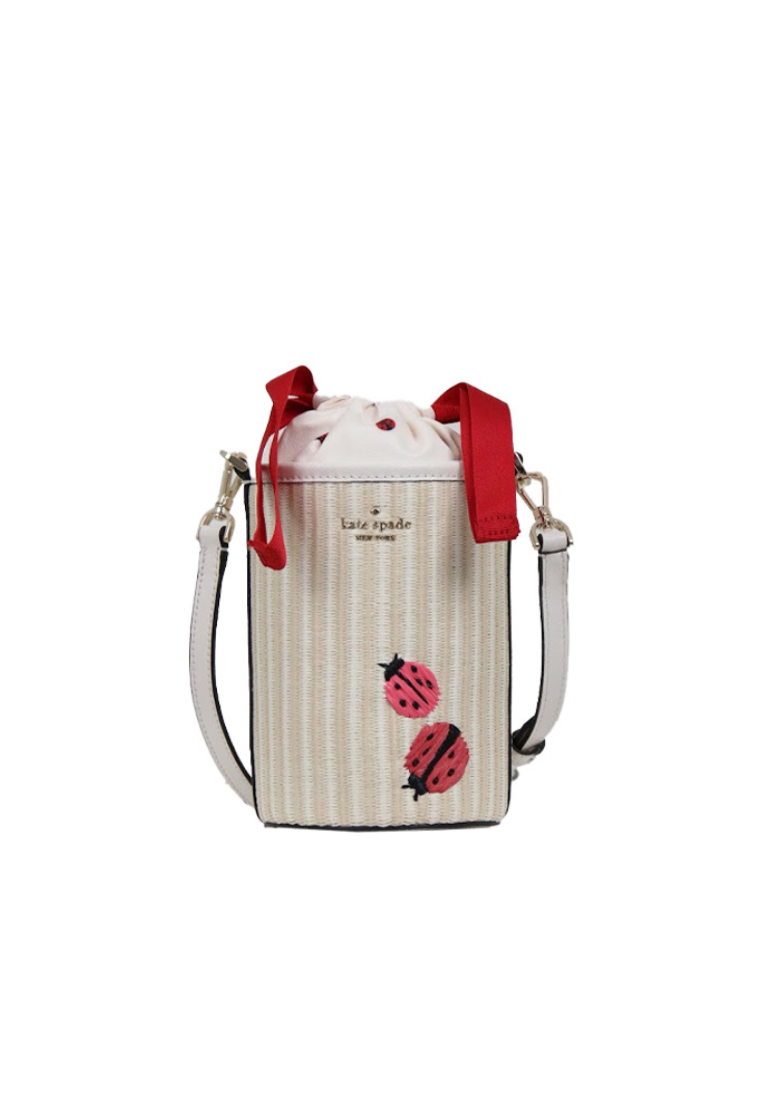 Kate Spade Dottie Embroidered Straw Ladybug Crossbody Bag Cylinder In Natural Multi KA777