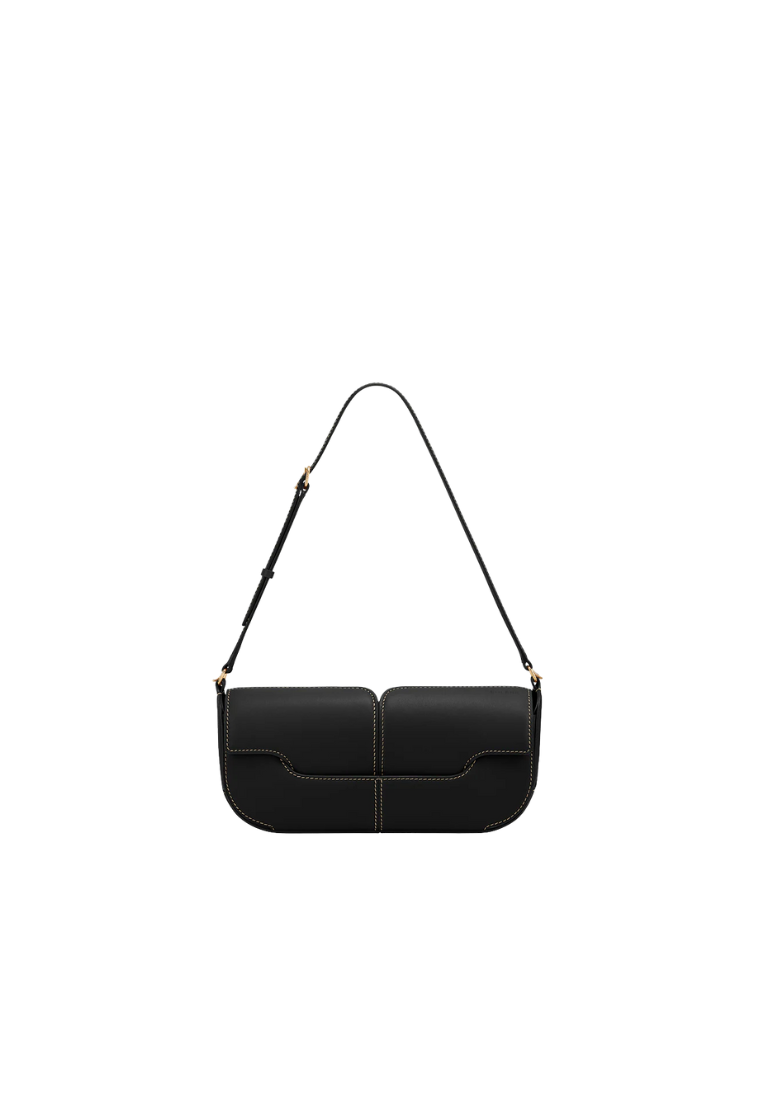 ( PREORDER ) Polene Osmo With Ecru Stitching Shoulder Bag In Smooth Black