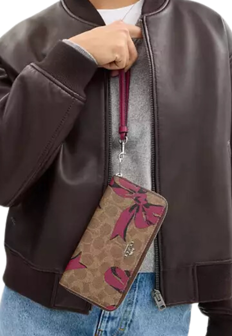 Coach Long Zip Around Wallet Signature Canvas With Bow Print In Pink Multi CZ326