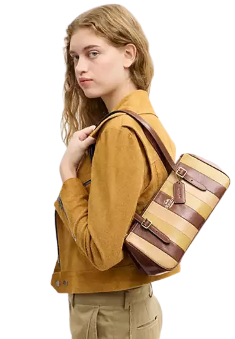 ( PREORDER ) Coach Asher With Striped Patchwork Shoulder Bag In Redwood Multi CDW40