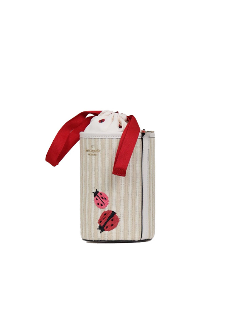 Kate Spade Dottie Embroidered Straw Ladybug Crossbody Bag Cylinder In Natural Multi KA777