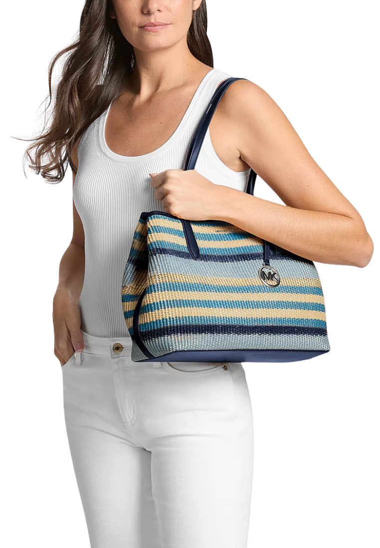( PREORDER ) Michael Kors Avalon Medium Striped Woven Tote Bag In Navy 35S6S0VT2W