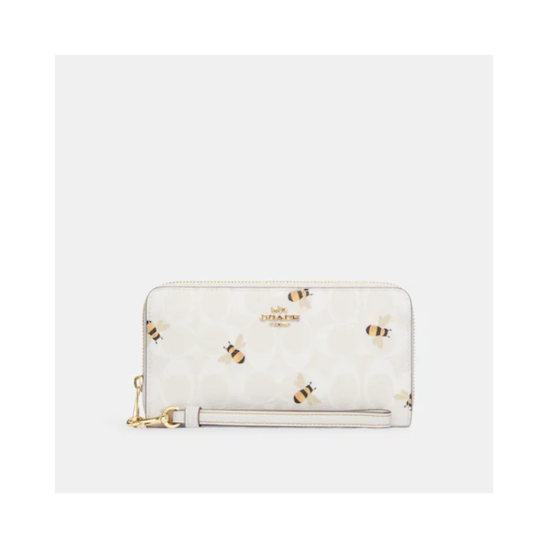 Coach Long C8675 Zip Around Wallet In Signature Canvas With Bee Print In Glacier White Multi