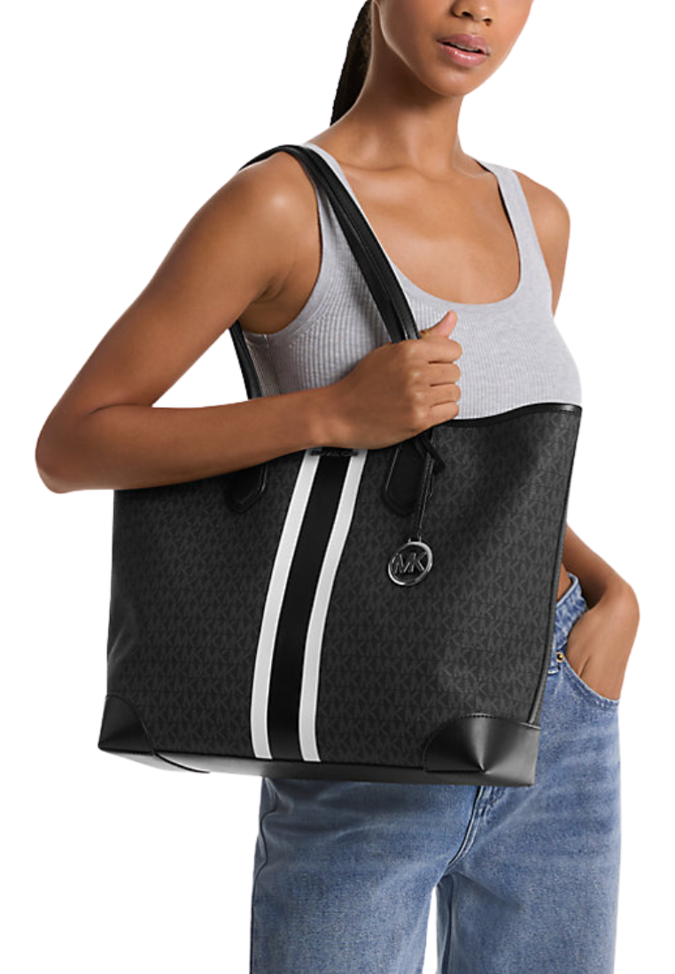 Michael Kors Eva Large Signature Logo Stripe Tote Bag In Black Noir 35R5SV0T7V