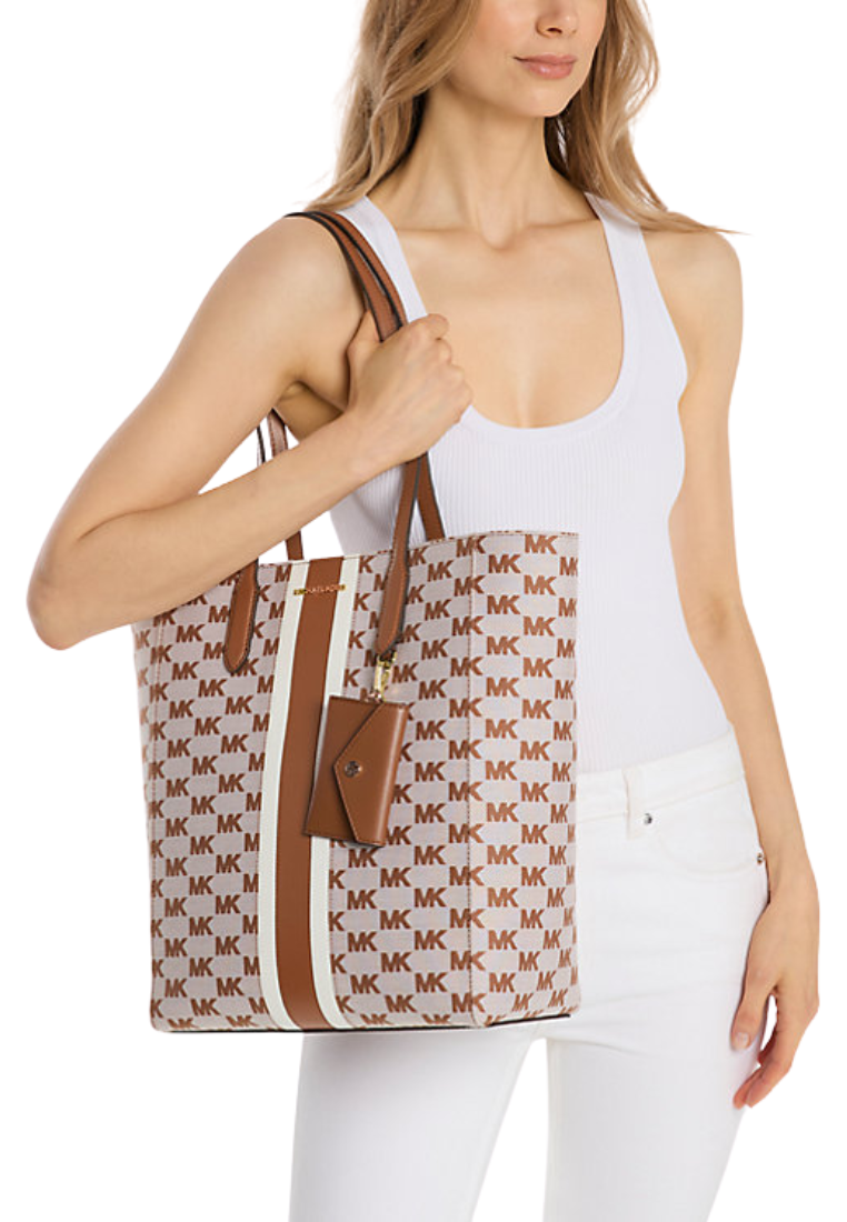 Michael Kors Vincent Large Logo Jacquard Tote Bag with Card Case In Luggage 35R5G2VT7J