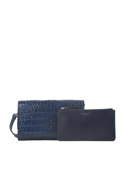 Tory Burch Thea Embossed Flat Wallet Crossbody Bag In Royal Navy 153393