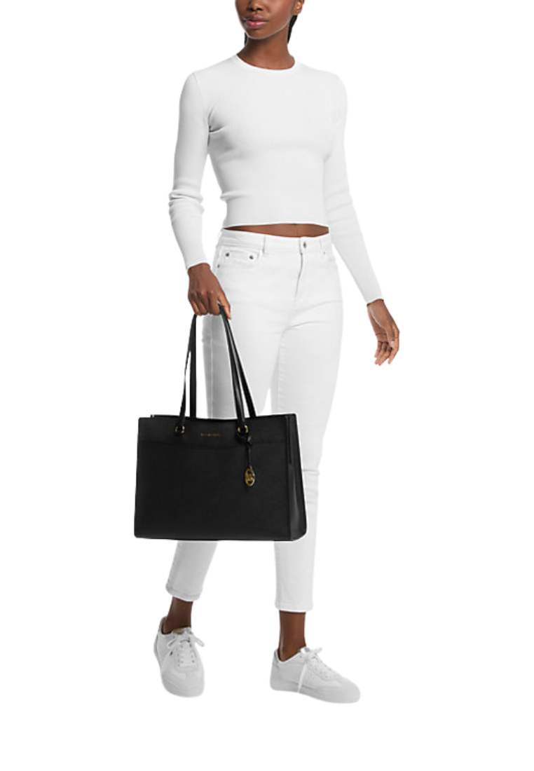 Michael Kors Jet Set Travel Large Saffiano Leather Tote Bag With Pouch In Black Noir 35F4GTVT9L