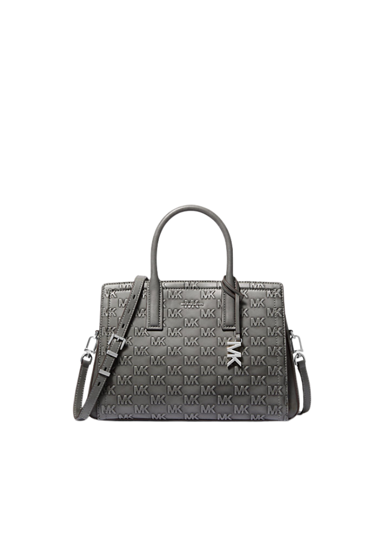 ( PREORDER ) Michael Kors Laila Medium Logo Embossed Burnished Leather Satchel Bag In Storm 30F5T9IS2L