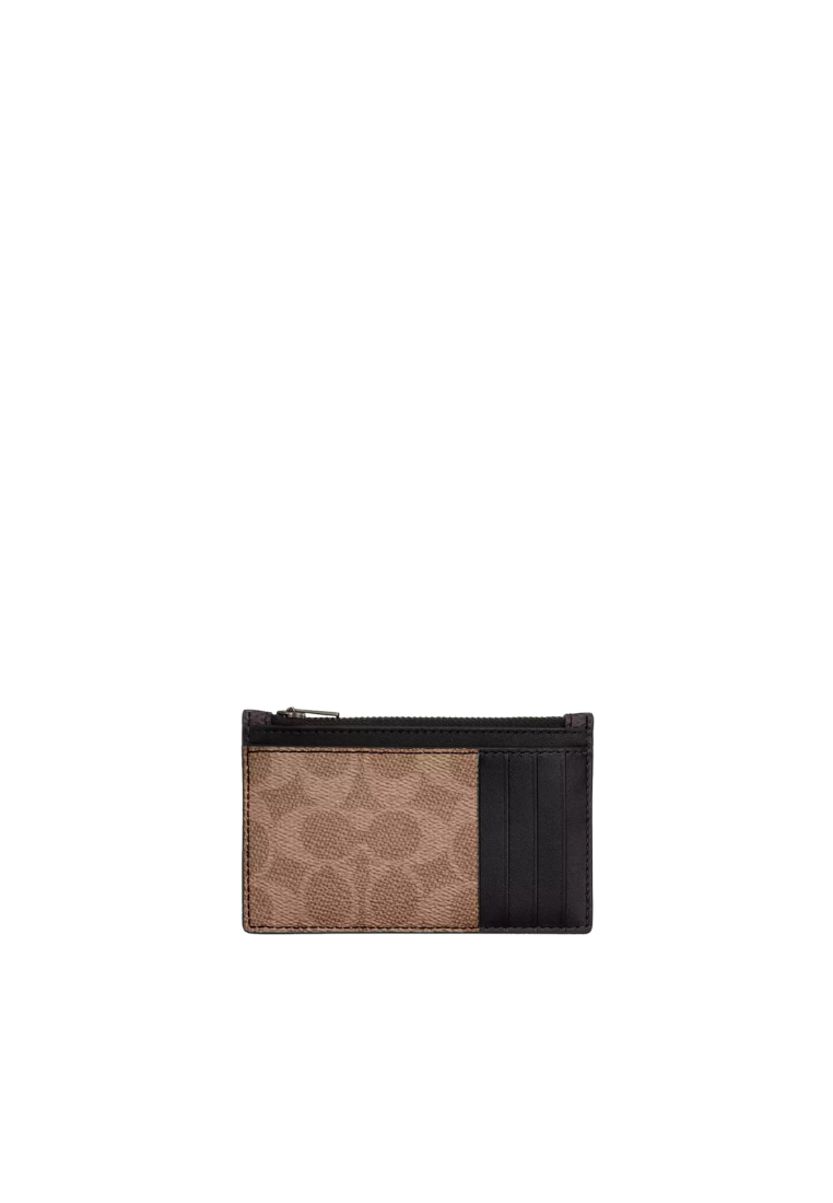 Coach Zip Card Case Blocked Signature Canvas In Walnut Tan Cab81